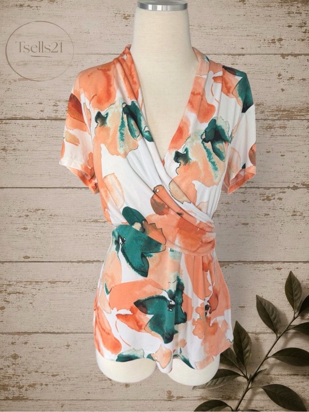 DKNY Abstract Floral Faux Wrap Top - Size XL